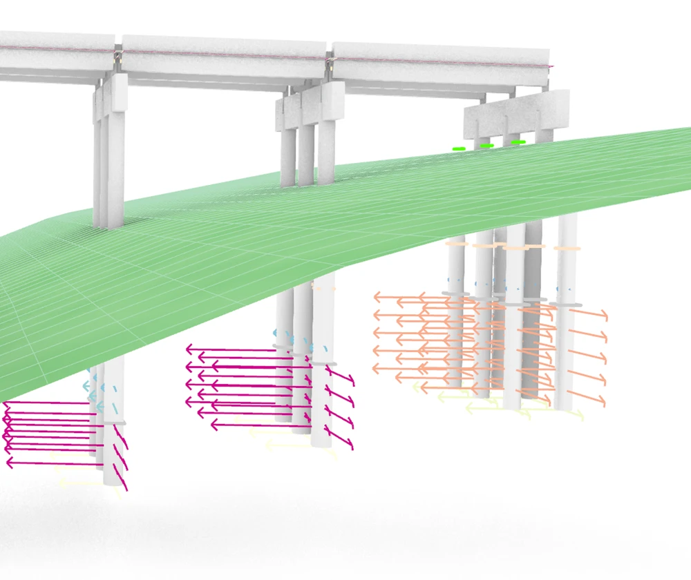 Bridge model showing concrete beams, piles and foundation springs.
